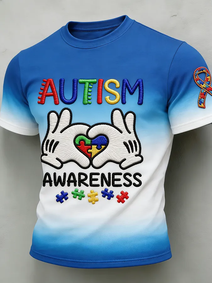Men'S Leisure Attention Autism Reception Understanding Love Public Welfare Printed Round Neck T-Shirt