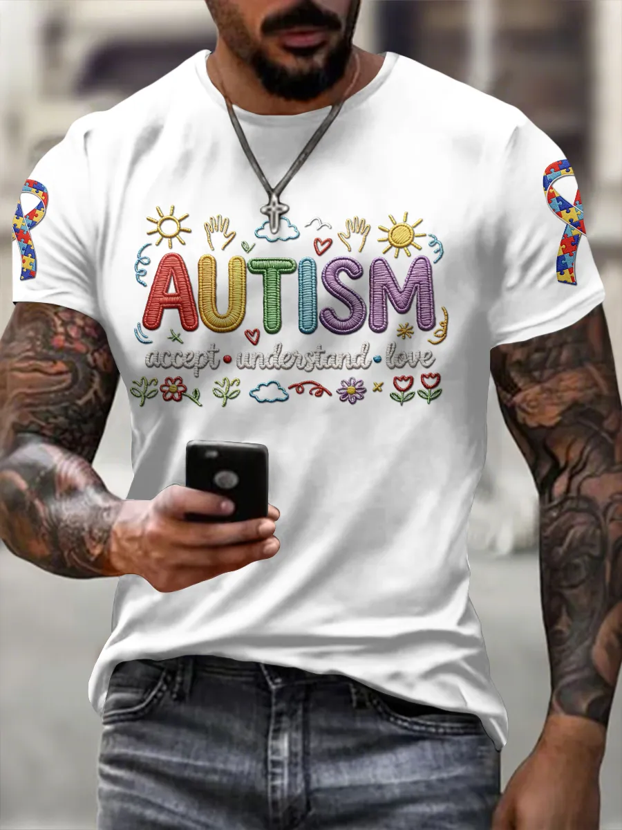 Men'S Leisure Attention Autism Reception Understanding Love Public Welfare Printed Round Neck T-Shirt