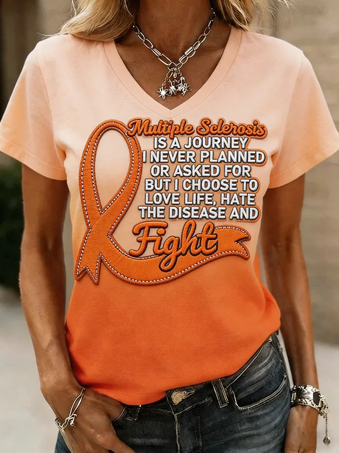 Multiple Sclerosis Is A Journey I Choose To Fight Orange Ribbon Embroidered Ombre T-Shirt