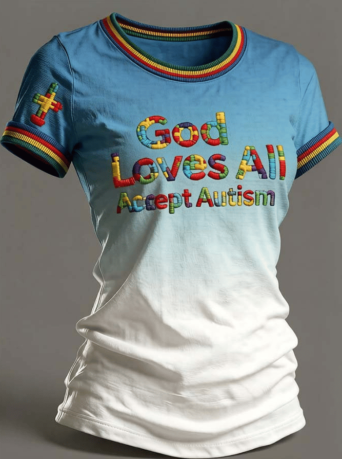 Women's "God Loves All  Accept Autism" Printed Casual Crew-Neck T-Shirt