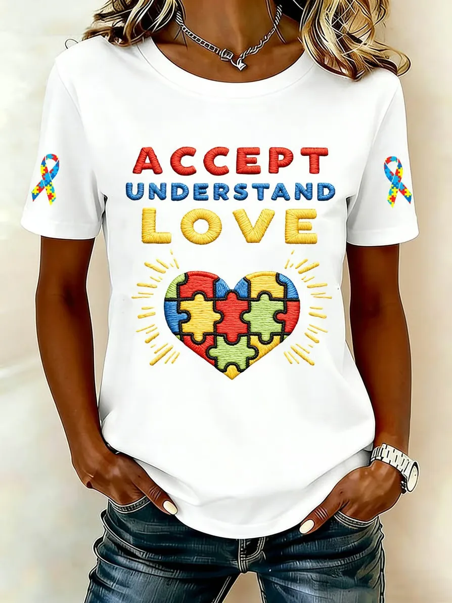 Cotton Accept Understand Love Autism Awareness T-Shirt with Puzzle Heart Design