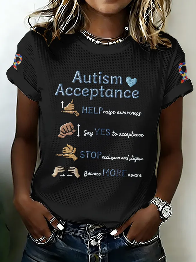 Ladies' Leisure Attention To Autism, Acceptance, Understanding, Love, Public Welfare, Printed Gradient Round Neck T-Shi