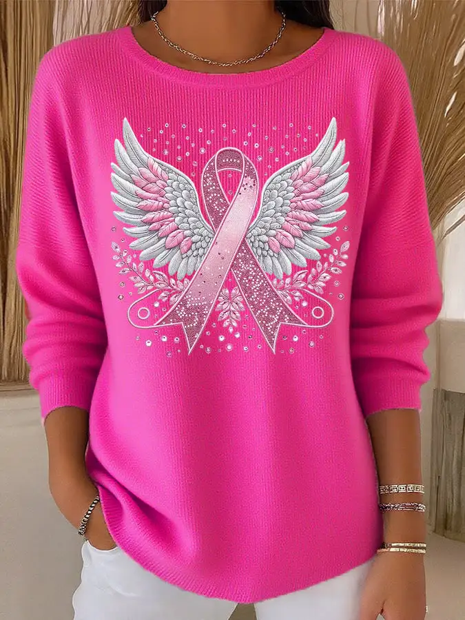 Women's Casual Breast Cancer Pink Ribbon Wings Knit Top