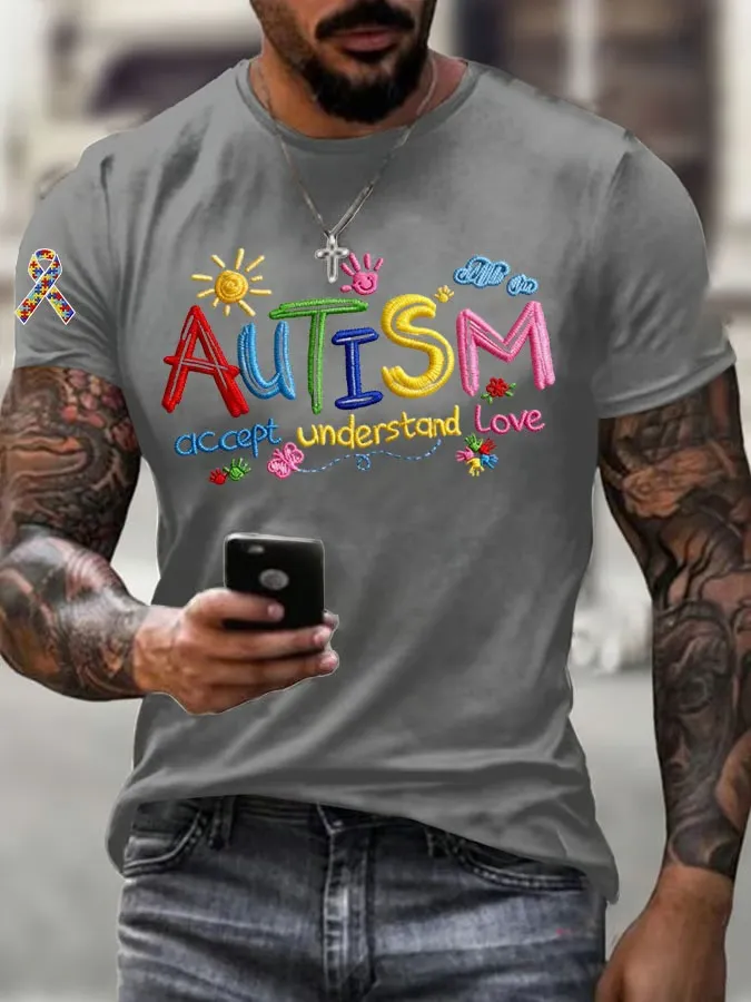 Men's Autism Accept Understand Love Autism Awareness Print T-shirt