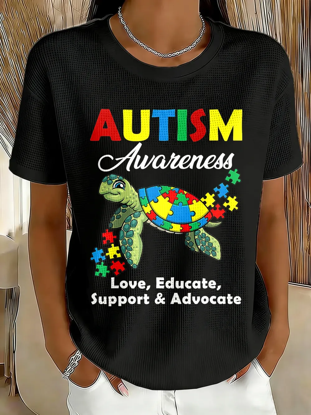 Women's Sea Turtle Autism Awareness Printed Short-Sleeved T-Shirt