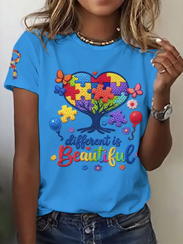 Ladies' Leisure Attention To Autism, Acceptance, Understanding, Love, Public Welfare Printed Round Neck T-Shirt