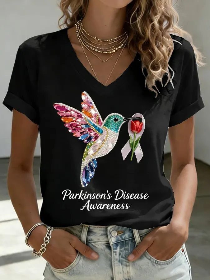 Women's Parkinson's Disease Awareness Print V Neck T-shirt 