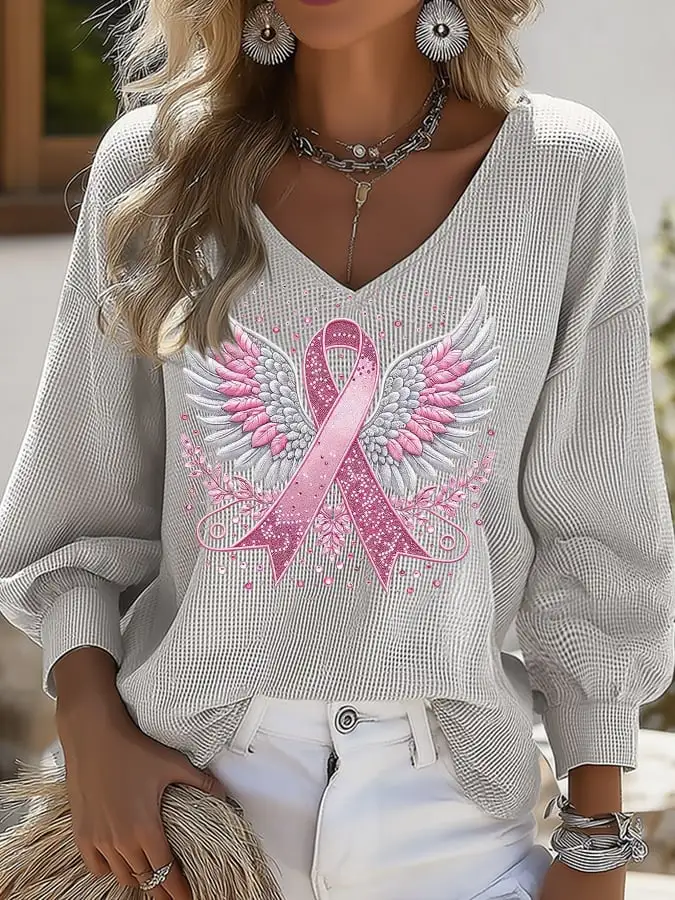 Women's Casual Pink Ribbon Wings Waffle Puff Sleeve Top