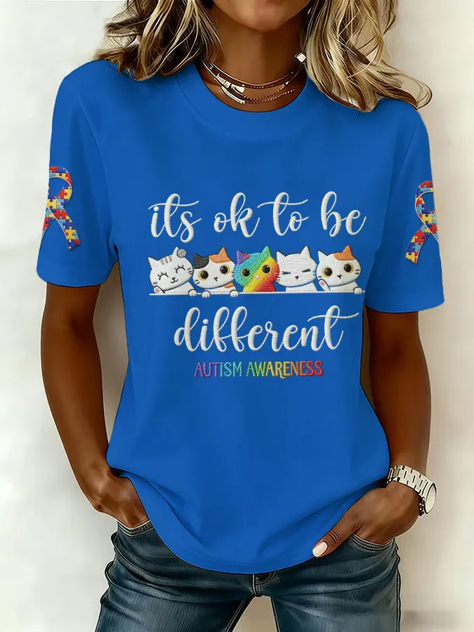 Ladies' Leisure Attention To Autism, Acceptance, Understanding, Love, Public Welfare Printed Round Neck T-Shirt