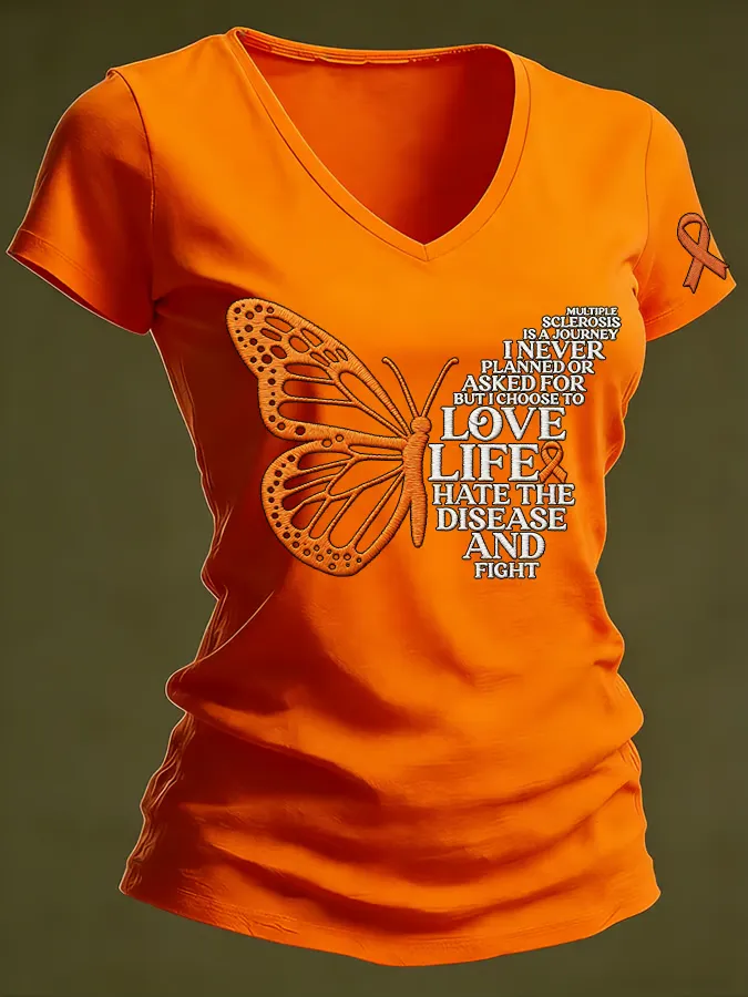 Women's MS Warrior Butterfly Multiple Sclerosis Awareness Print V Neck T-shirt Women's MS Warrior Butterfly Multiple Sc