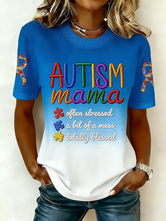 Ladies' Leisure Attention To Autism, Acceptance, Understanding, Love, Public Welfare, Printed Gradient Round Neck T-Shir
