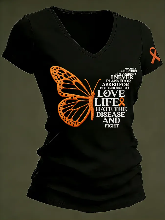 Women's MS Warrior Butterfly Multiple Sclerosis Awareness Print V Neck T-shirt Women's MS Warrior Butterfly Multiple Sc