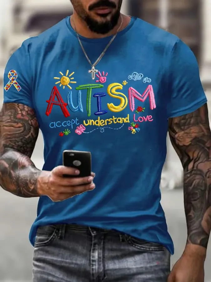 Men's Autism Accept Understand Love Autism Awareness Print T-shirt