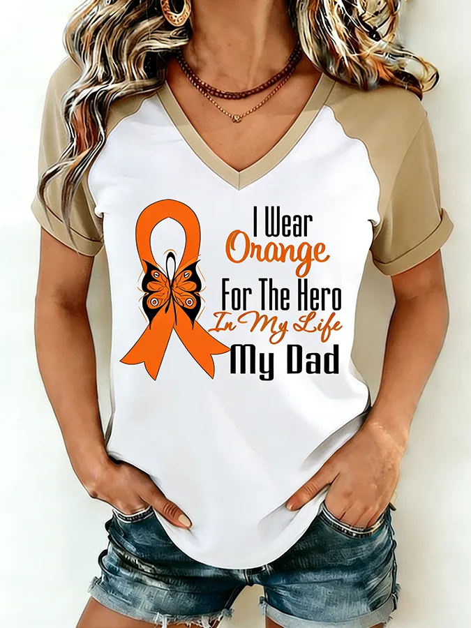 Women'S I Wear Orange For My Dad MS Awareness Butterfly Ribbon Raglan V-Neck T-Shirt