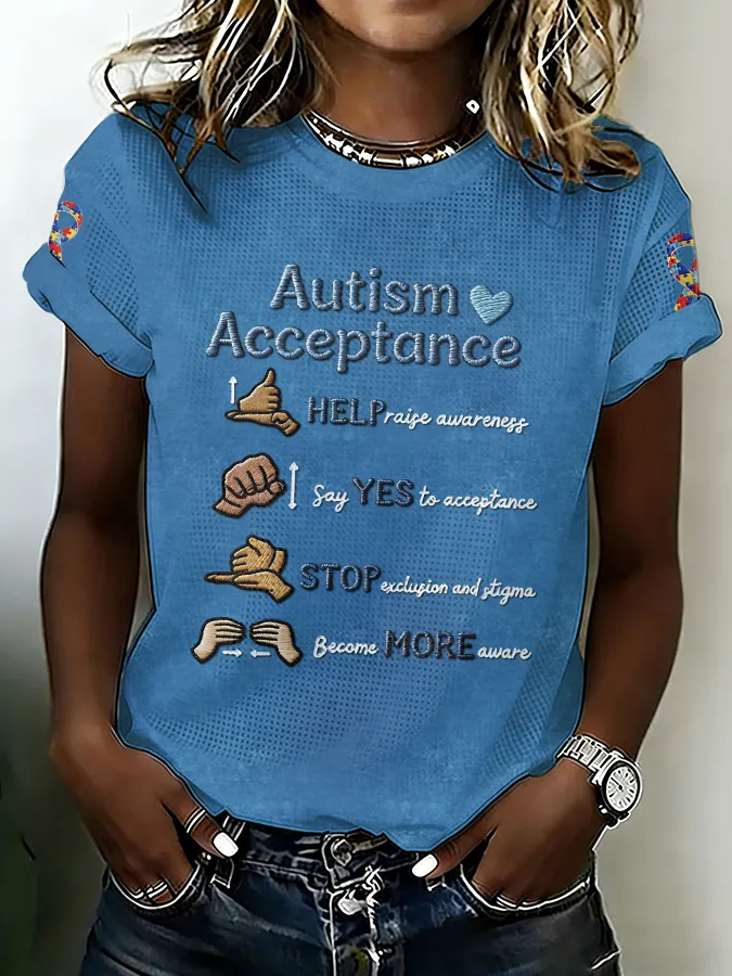 Ladies' Leisure Attention To Autism, Acceptance, Understanding, Love, Public Welfare, Printed Gradient Round Neck T-Shi