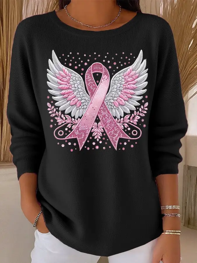 Women's Casual Breast Cancer Pink Ribbon Wings Knit Top