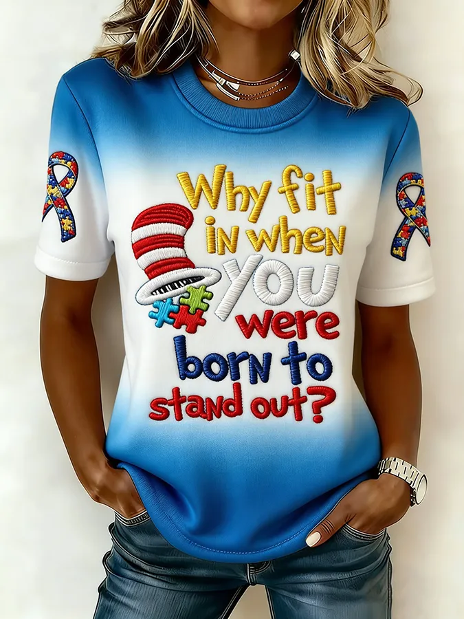 Ladies' Leisure Attention To Autism, Acceptance, Understanding, Love, Public Welfare, Printed Gradient Round Neck T-Shir