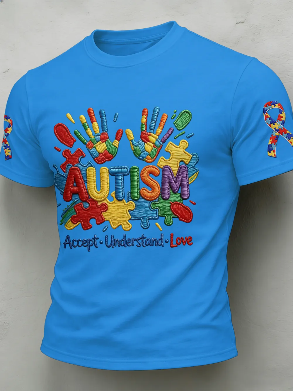 Men'S Leisure Attention Autism Reception Understanding Love Public Welfare Printed Round Neck T-Shirt