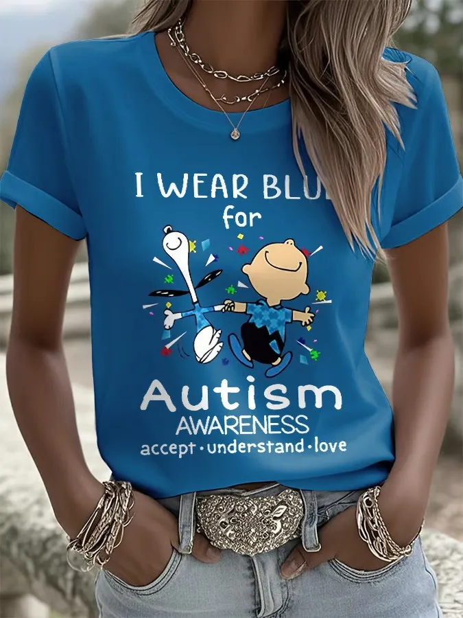 Retro Autism Awareness I Wear Blue For Autism Accept, Understand, Love Print T-Shirt