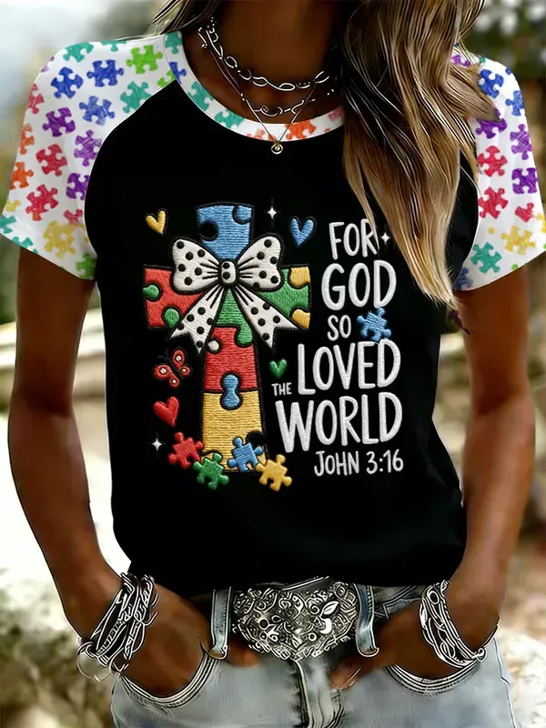 Women's For God So Loved The World Autism Awareness Print Raglan Sleeve T-Shirt
