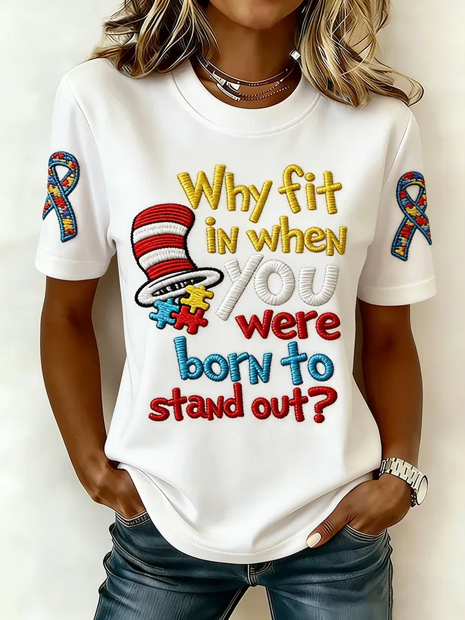 Ladies' Leisure Attention To Autism, Acceptance, Understanding, Love, Public Welfare, Printed Gradient Round Neck T-Shir