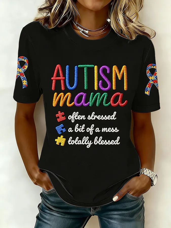Ladies' Leisure Attention To Autism, Acceptance, Understanding, Love, Public Welfare, Printed Gradient Round Neck T-Shir