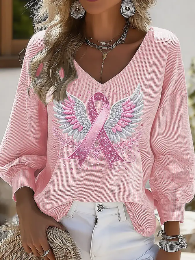 Women's Casual Pink Ribbon Wings Waffle Puff Sleeve Top