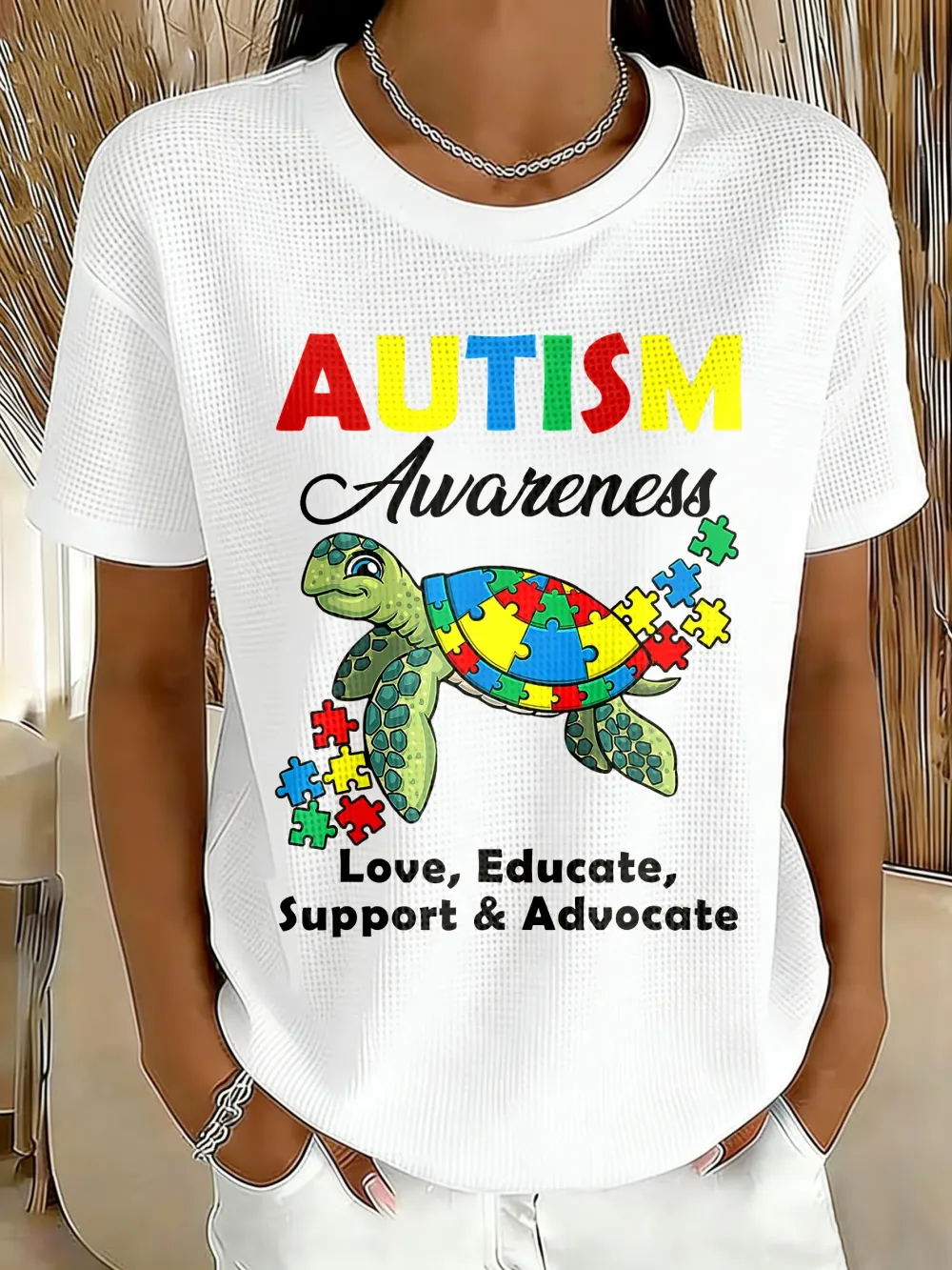 Women's Sea Turtle Autism Awareness Printed Short-Sleeved T-Shirt