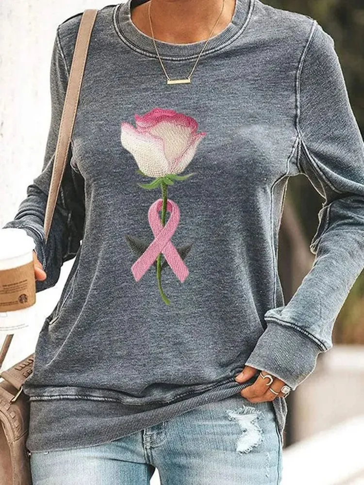 Women's Rose With Pink Ribbon Embroidered Printed Sweatshirt
