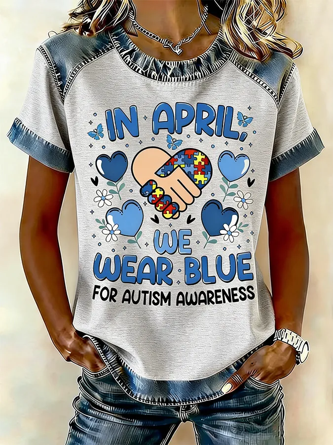 Women's In April We Wear Blue For Autism Awareness Handshake Puzzle Denim Patchwork T-Shirt