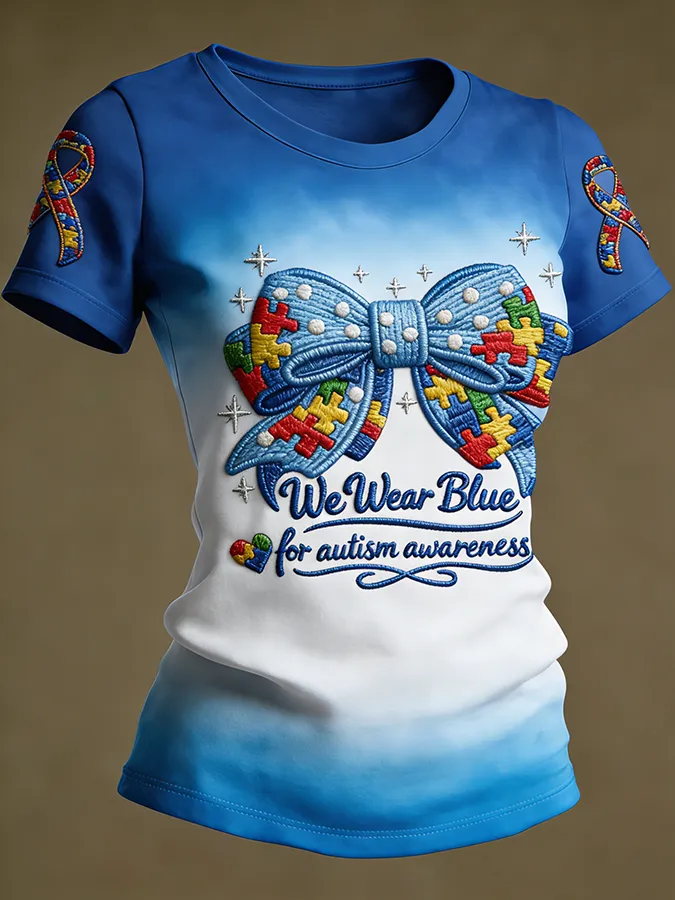 Ladies' Leisure Attention To Autism, Acceptance, Understanding, Love, Public Welfare, Printed Gradient Round Neck T-Shir