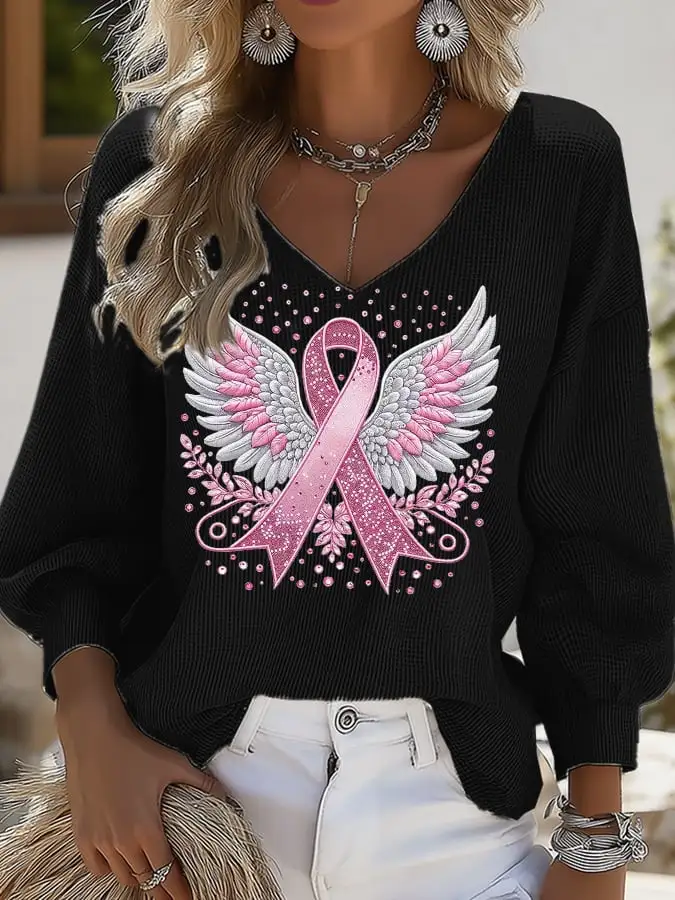 Women's Casual Pink Ribbon Wings Waffle Puff Sleeve Top