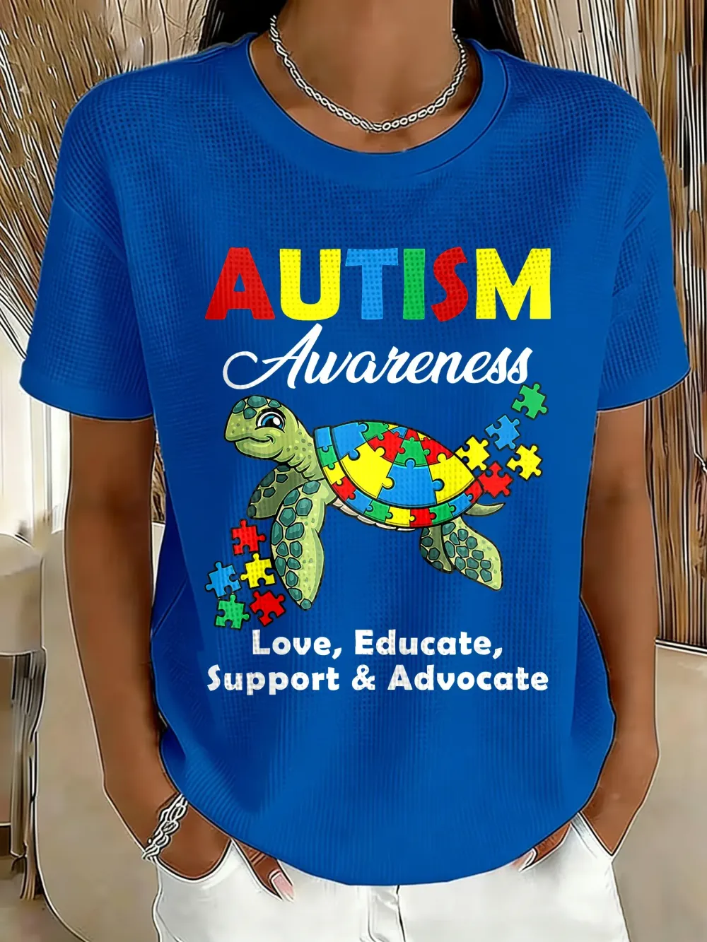 Women's Sea Turtle Autism Awareness Printed Short-Sleeved T-Shirt