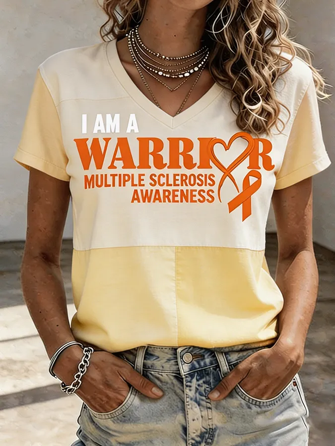 Women's I Am A Warrior Multiple Sclerosis Awareness Color Block V-Neck T-Shirt