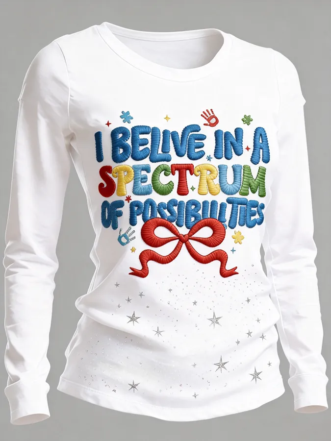 Women's I Believe In A Spectrum Of Possibilities Bow Star Embroidered Long Sleeve T-Shirt Women's I Believe In A Spectr