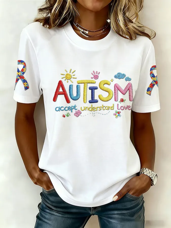 Ladies' Leisure Attention To Autism, Acceptance, Understanding, Love, Public Welfare Printed Round Neck T-Shirt Ladies'