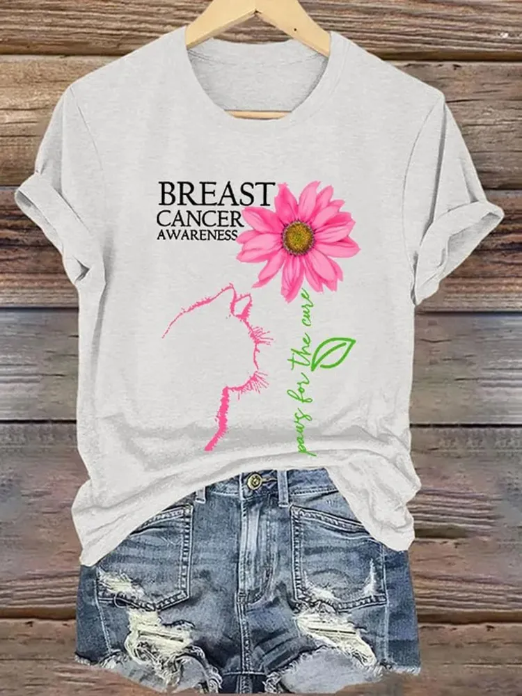 Retro Breast Cancer Awareness Cat Paws For The Cure Print T-Shirt