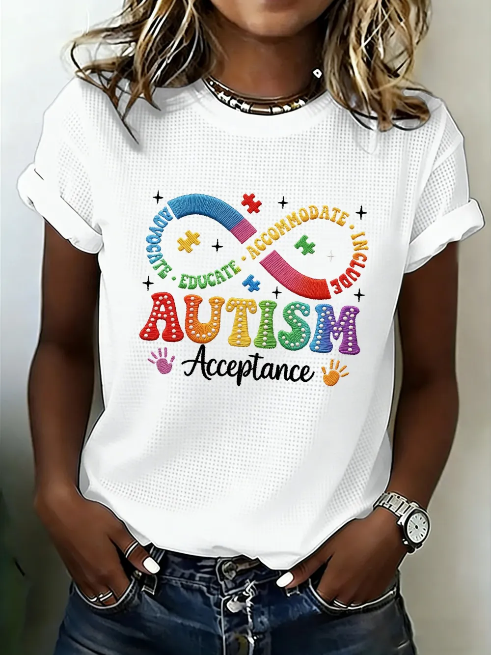 Women's Casual Autism Awareness Printed Short-Sleeve T-Shirt