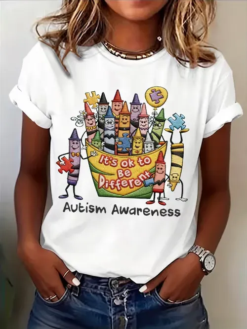 Women's Casual Autism Awareness Printed Short-Sleeve T-Shirt