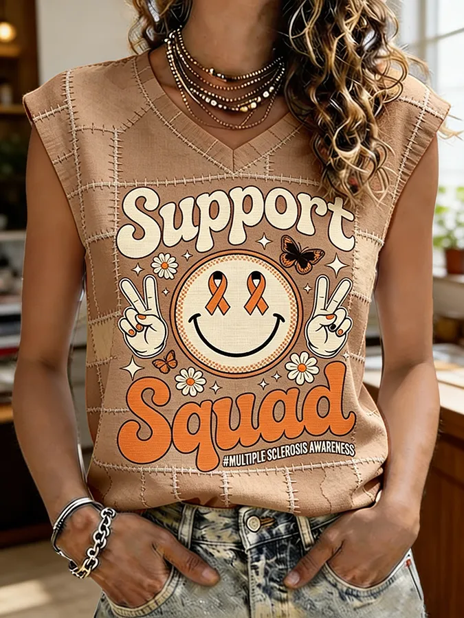 Multiple Sclerosis Awareness Support Squad Smiley Patchwork V-Neck Tank Top