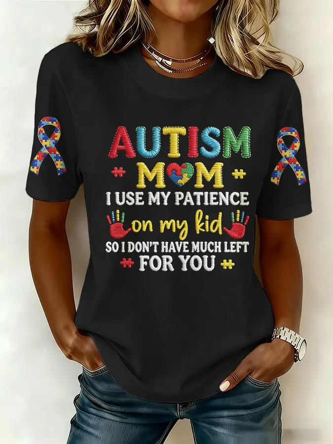 Ladies' Leisure Attention To Autism, Acceptance, Understanding, Love, Public Welfare Printed Round Neck T-Shirt