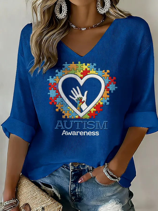 Women's "In April We Wear Blue" Autism Awareness V-Neck Casual T-Shirt