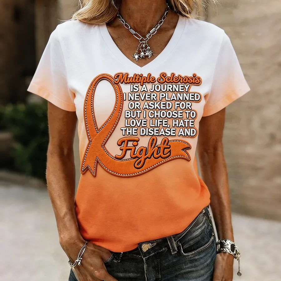 Multiple Sclerosis Is A Journey I Choose To Fight Orange Ribbon Embroidered Ombre T-Shirt