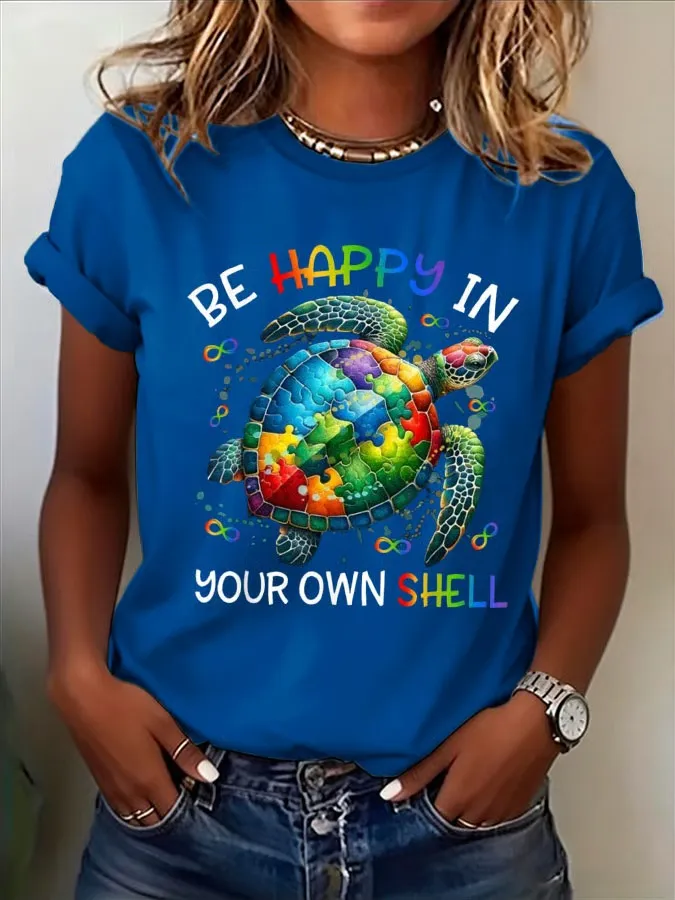 Women's Autism Awareness Be Happy In Your Own Shell Printed Casual T-shirt
