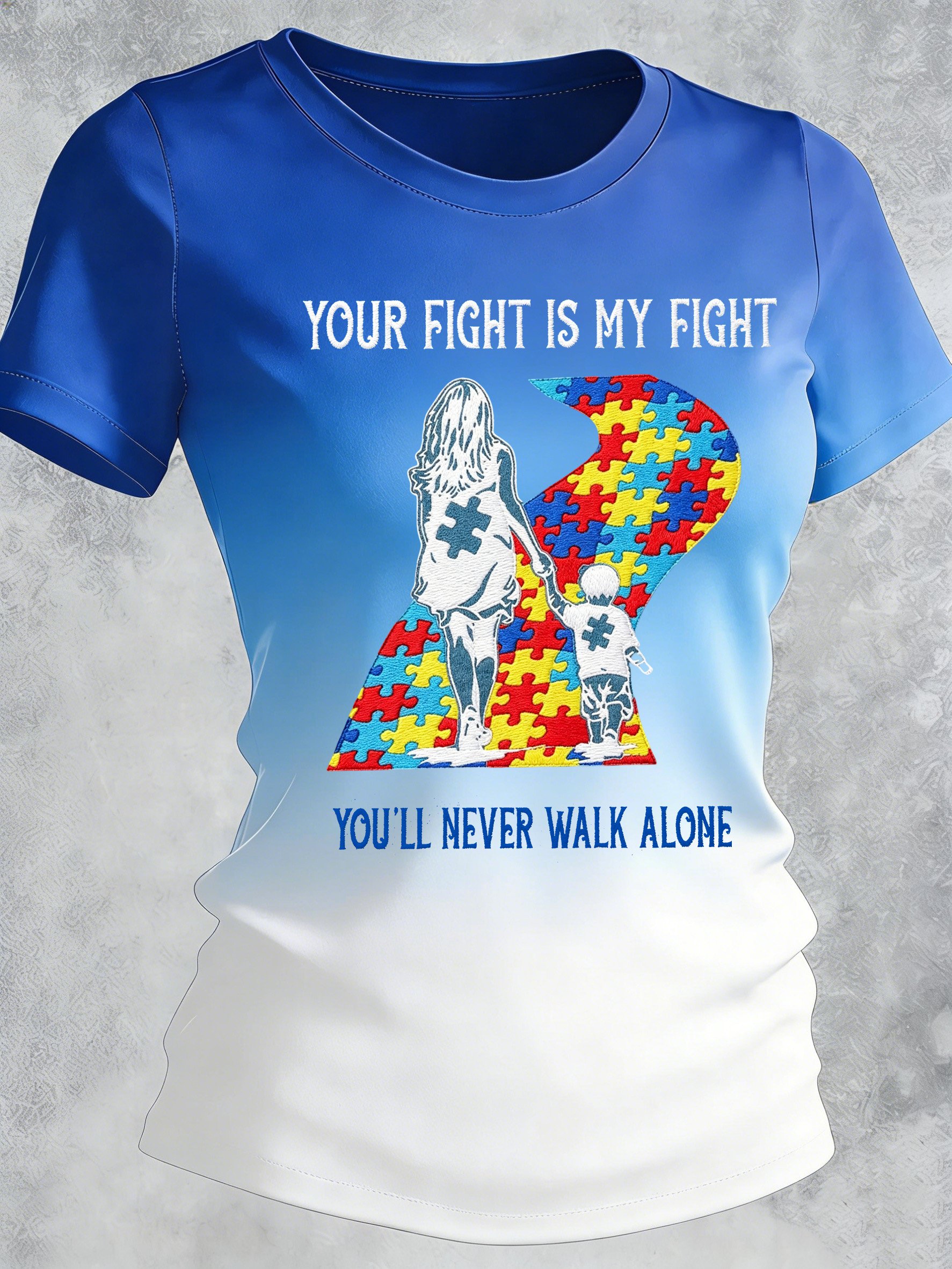 Women's Autism-Themed Printed Casual Crewneck Top