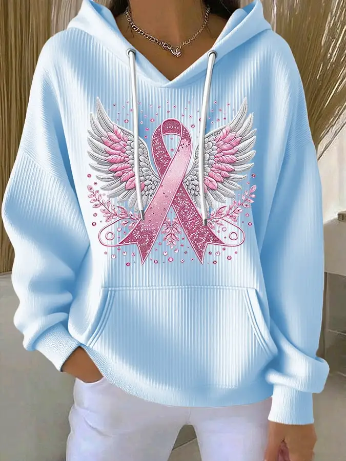 Women's Casual Pink Contrast Ribbon Wings Ribbon Cotton Hoodie