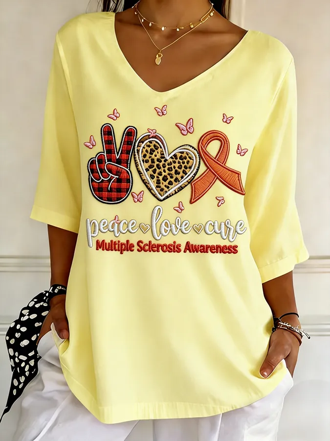 Women's Peace Love Cure Multiple Sclerosis Awareness Embroidered V-Neck T-Shirt Women's Peace Love Cure Multiple Sclero