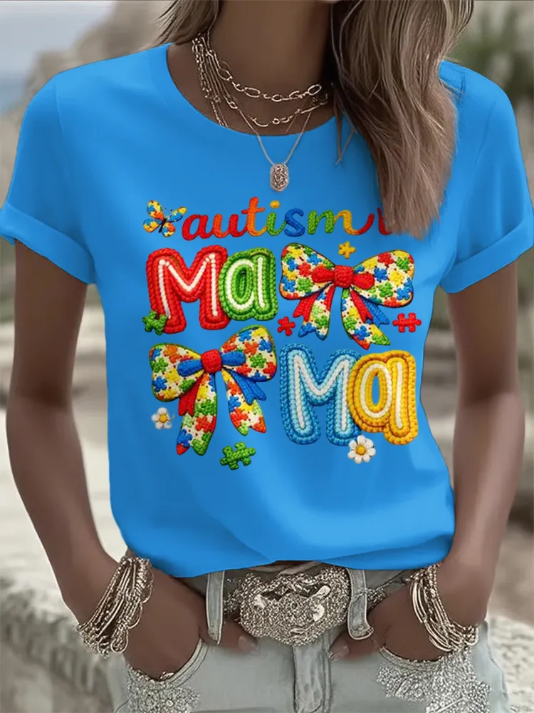 Ladies' Leisure Attention To Autism, Acceptance, Understanding, Love, Public Welfare Printed Round Neck T-Shirt Ladies'