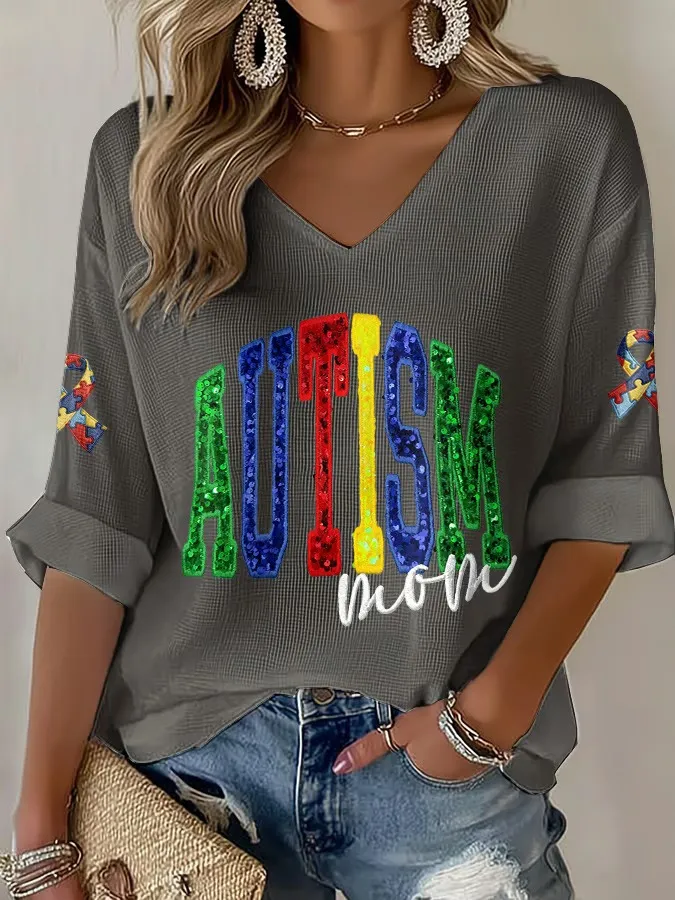 Women's Autism Awareness Print V Neck Top