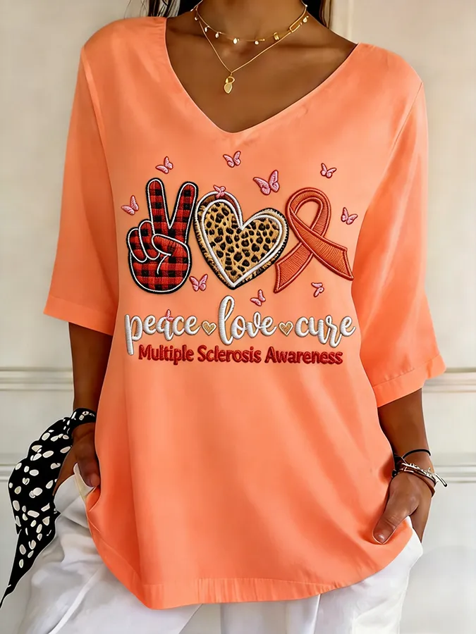 Women's Peace Love Cure Multiple Sclerosis Awareness Embroidered V-Neck T-Shirt Women's Peace Love Cure Multiple Sclero